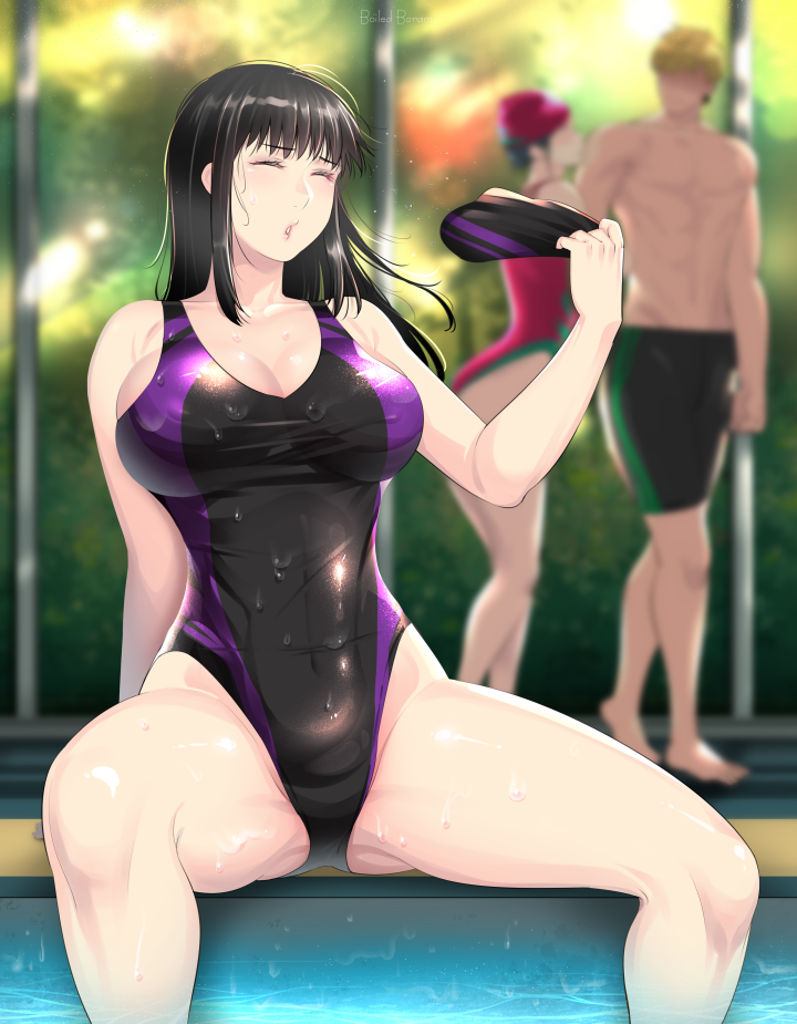 1boy, 2girls, black_hair, black_headwear, black_swimsuit, blurry, breasts, closed_eyes, clothes_removed, commentary_request, competition_swimsuit, cowboy_shot, depth_of_field, korean_commentary, large_breasts, long_hair, mixed-language_commentary, multiple_girls, one-piece_swimsuit, original, sitting, solo_focus, swim_cap_removed, swimsuit, zardyui
