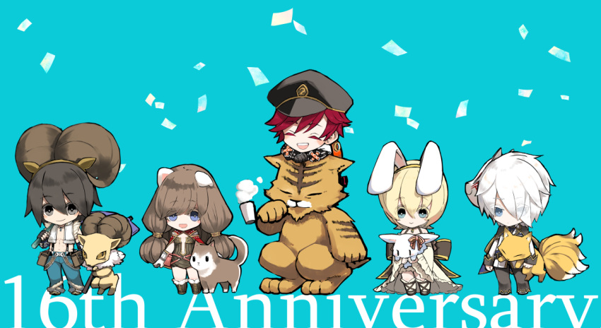 2girls, 3boys, animal, animal_ears, anniversary, axe, bangs, baphomet_jr