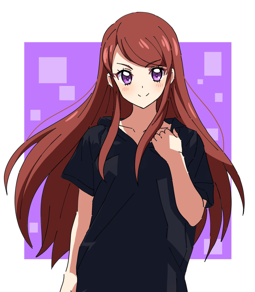 1girl, bangs, black_shirt, brown_hair, character_request, closed_mouth, collarbone, eyebrows_visible_through_hair