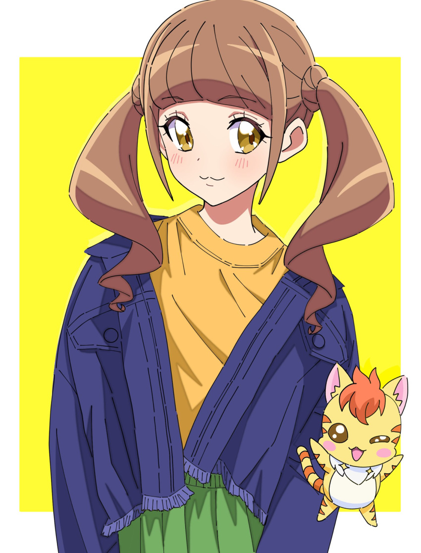 1girl, :3, bangs, blue_jacket, blunt_bangs, blush, border, brown_hair