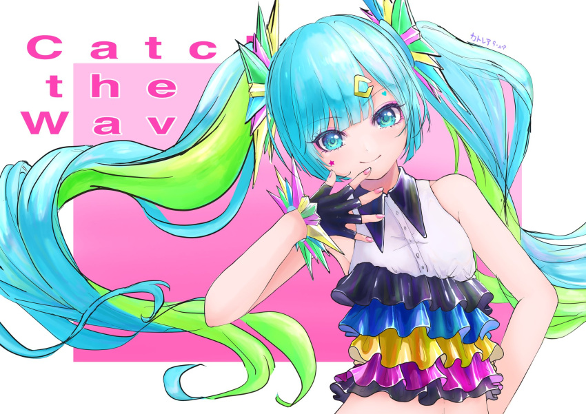 1girl, bangs, black_gloves, blue_hair, catch_the_wave_(vocaloid), closed_mouth, collared_shirt, crop_top