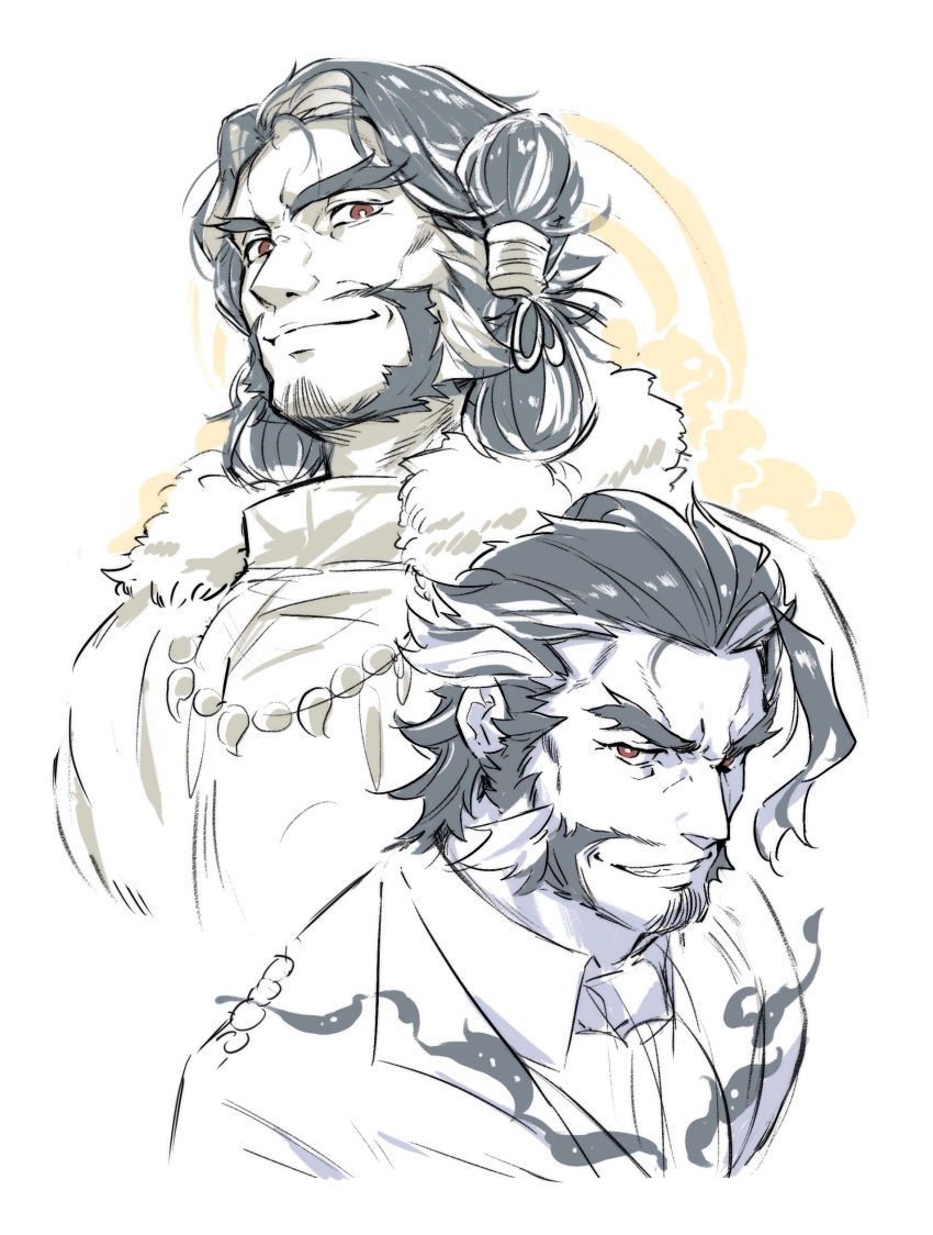 1boy, absurdres, ahoge, beard, black_hair, daikoku_(tokyo_houkago_summoners), facial_hair, grin, highres, isuke, jewelry, looking_at_viewer, male_focus, multicolored_hair, multiple_views, necklace, red_eyes, sideburns, smile, thick_eyebrows, tied_hair, tokyo_houkago_summoners, two-tone_hair, upper_body, white_background, white_hair