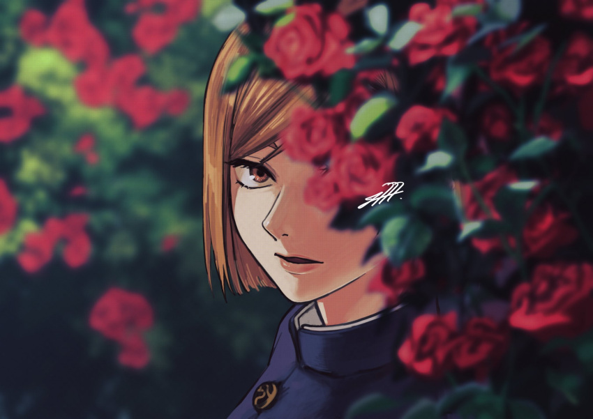1000_(user_1527793), 1girl, brown_eyes, commentary, expressionless, flower, highres, jujutsu_kaisen, kugisaki_nobara, lips, looking_at_viewer, orange_hair, outdoors, red_flower, red_rose, rose, school_uniform, short_hair, signature, solo