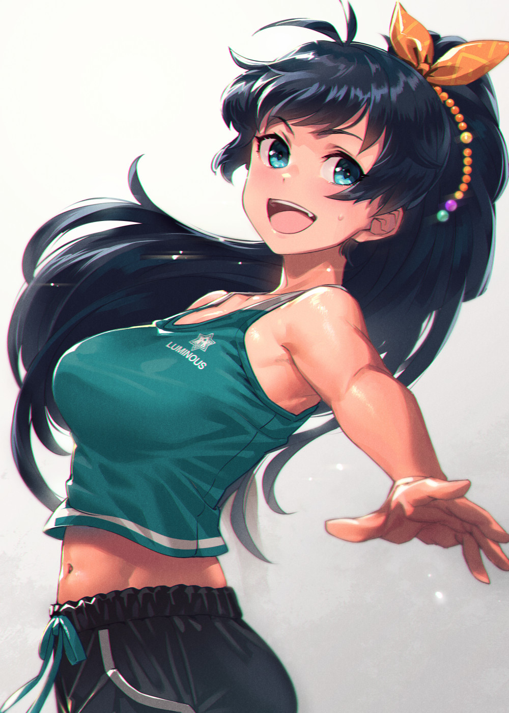 1girl, :d, antenna_hair, aqua_eyes, aqua_tank_top, bangs, bare_arms, bare_shoulders