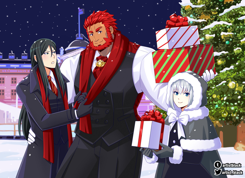 1girl, 2boys, alternate_costume, artist_black, beard, black_pants, black_vest, christmas