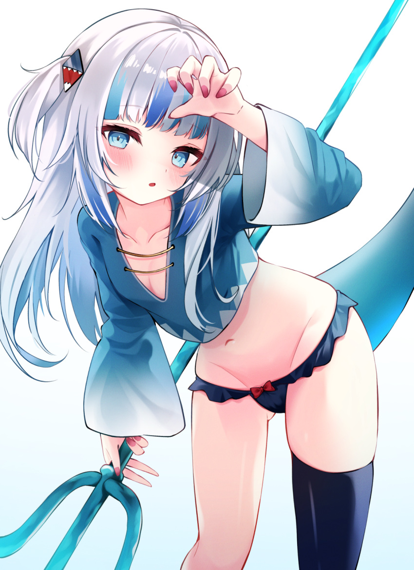 1girl, :o, bangs, blue_eyes, blue_hair, blue_legwear, blue_panties, blue_shirt