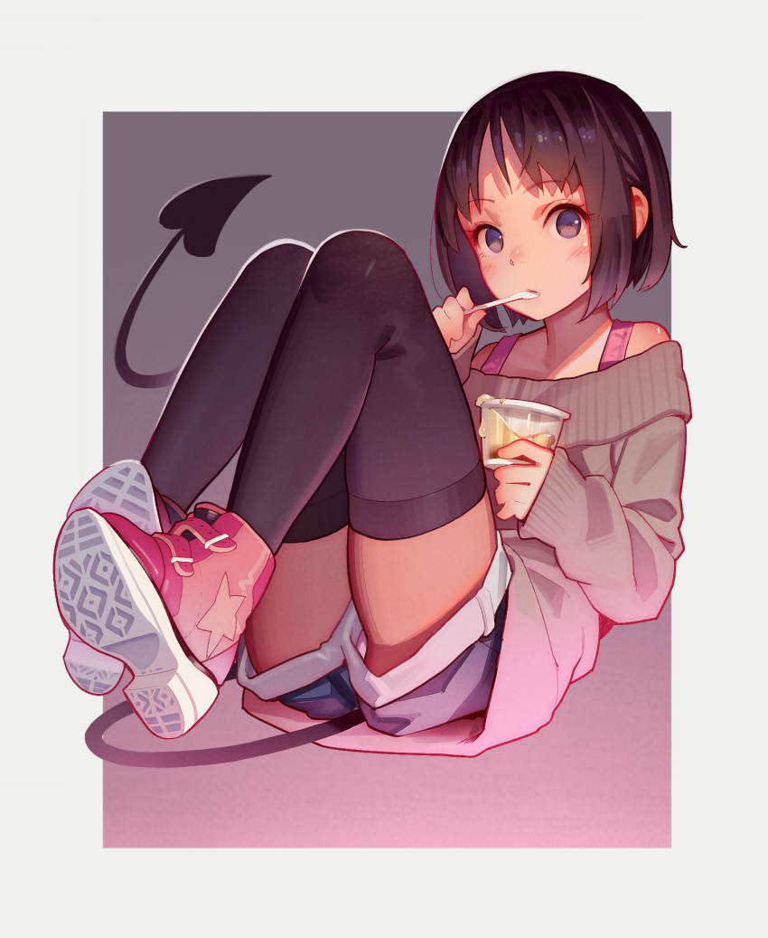 1girl, beige_sweater, black_legwear, brown_eyes, brown_hair, chromatic_aberration, commentary_request, demon_girl