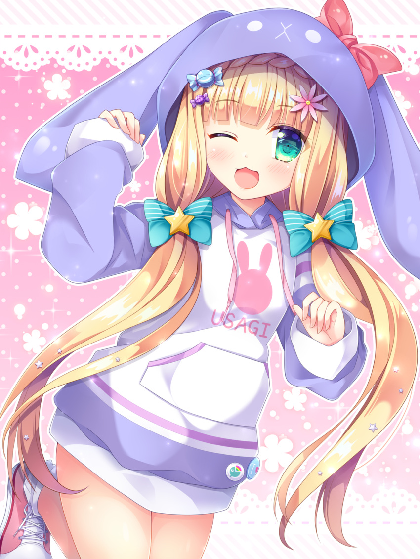 1girl, :3, animal_ears, animal_hood, ari_(ariburo), bangs, blonde_hair, blush
