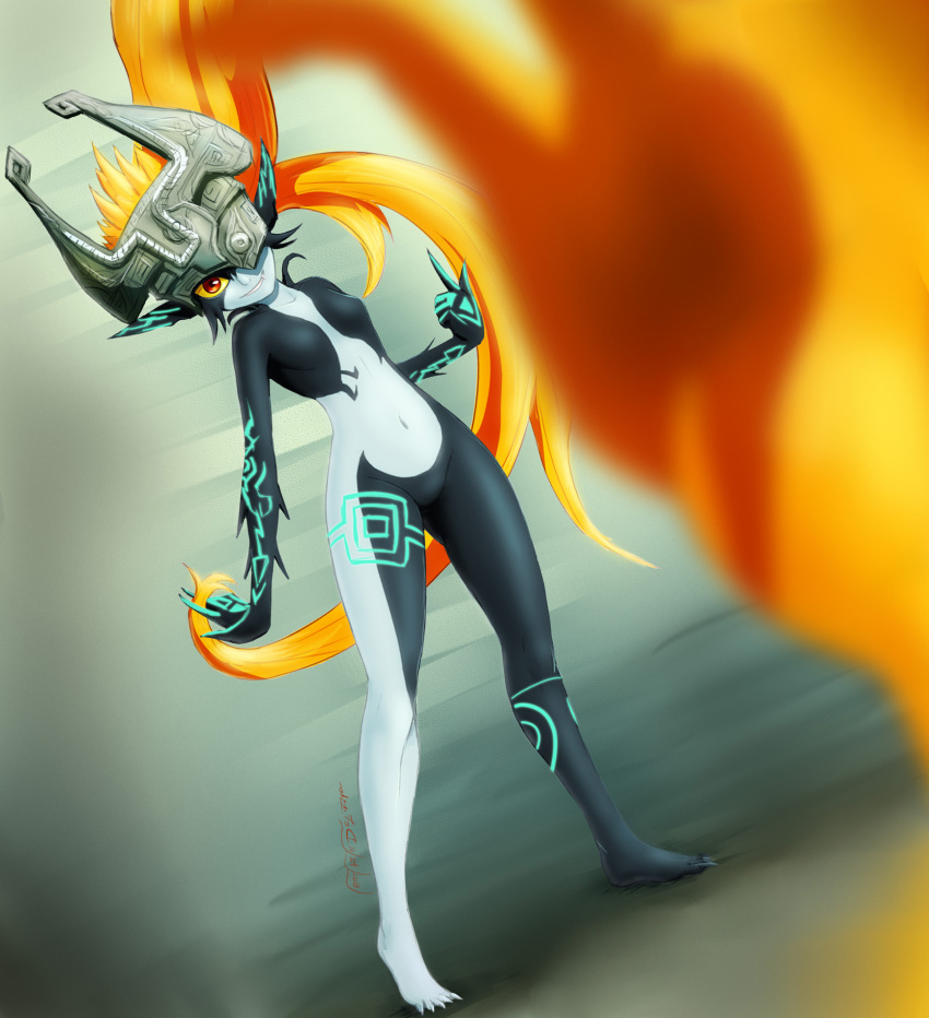 1girl, absurdly_long_hair, artist_name, ass_visible_through_thighs, barefoot, black_skin, blurry, blurry_foreground, breasts, claws, collarbone, colored_sclera, colored_skin, commentary, dated, dutch_angle, english_commentary, engrish_commentary, eryz, fang, fang_out, full_body, grin, groin, hand_up, happy, heel_up, helmet, highres, imp, index_finger_raised, jpeg_artifacts, legs_apart, long_hair, looking_at_viewer, midna, multicolored, multicolored_skin, navel, neon_trim, no_nipples, one_eye_covered, orange_hair, playing_with_own_hair, prehensile_hair, reaching_out, red_eyes, signature, simple_background, small_breasts, smile, solo, standing, stomach, teeth, the_legend_of_zelda, the_legend_of_zelda:_twilight_princess, two-tone_skin, very_long_hair, white_skin, yellow_sclera