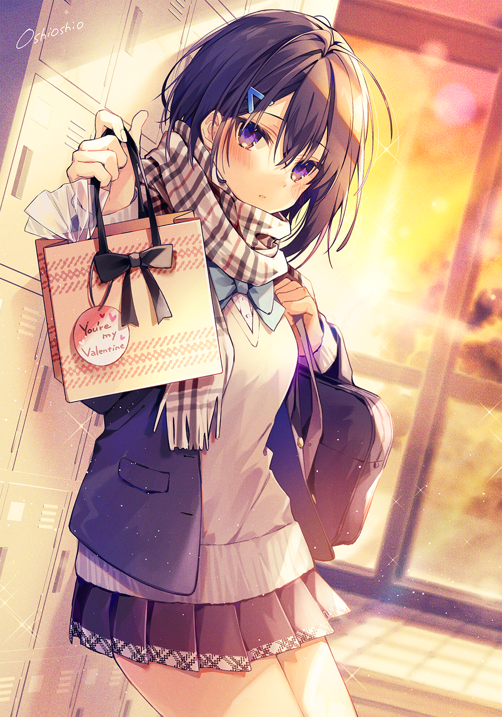 1girl, bag, blue_jacket, blue_skirt, blush, cardigan, commentary_request, cowboy_shot, dutch_angle, english_text, giving, highres, holding, holding_bag, indoors, jacket, locker, looking_at_viewer, miniskirt, open_clothes, open_jacket, orange_sky, original, oshio_(dayo), parted_lips, pleated_skirt, scarf, school, school_bag, shoe_locker, short_hair, signature, skirt, sky, solo, sunset, thighs