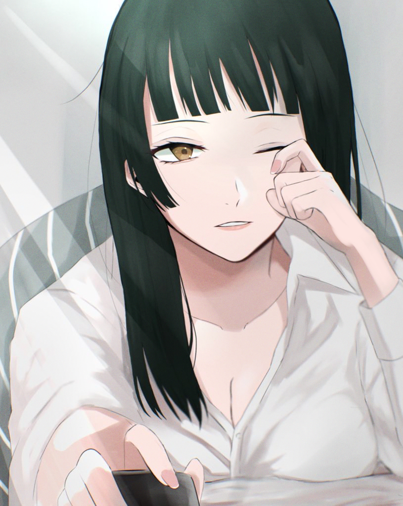 bangs, breasts, green_hair, jujutsu_kaisen, lips, lying, on_stomach, one_eye_closed