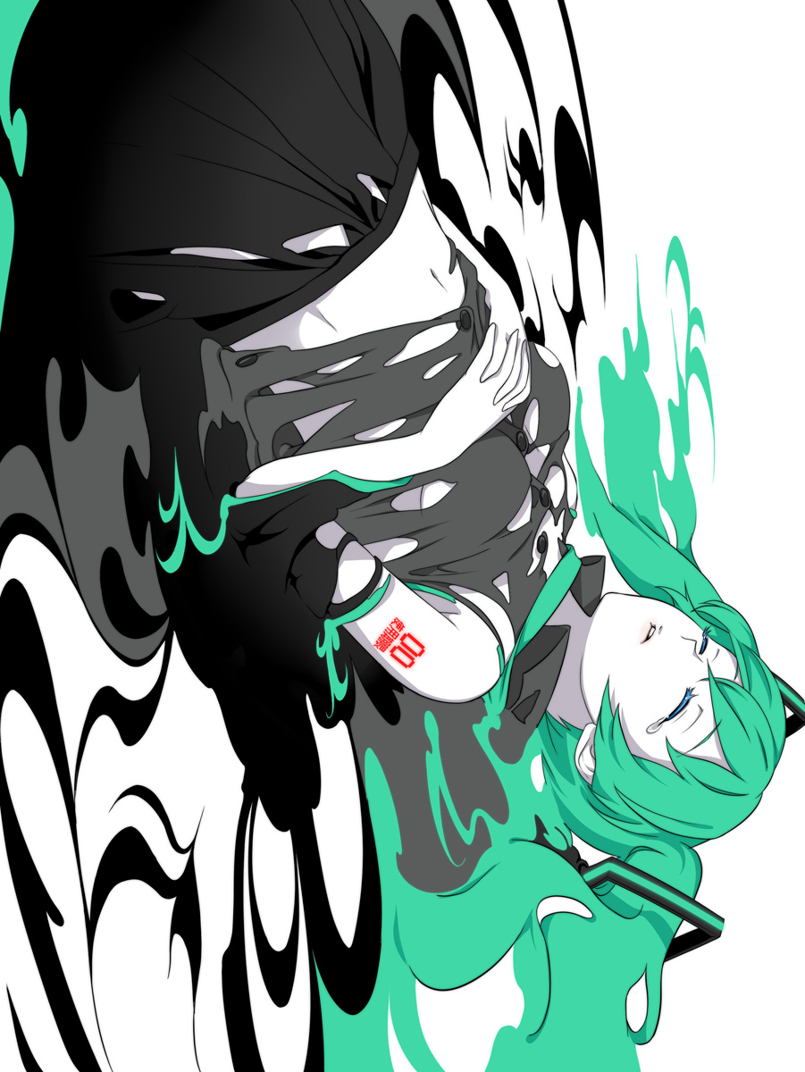 aqua_hair, closed_eyes, dissolving_clothes, hatsune_miku, highres, kiyoi, long_hair, lying