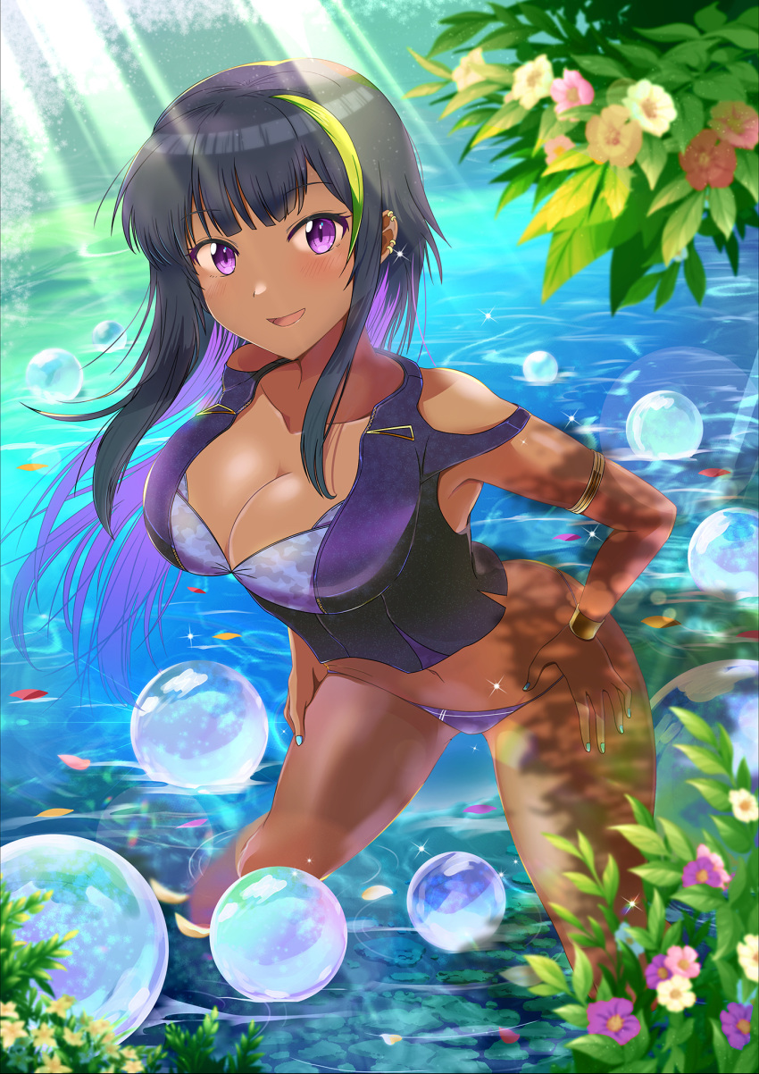 1girl, aqua_nails, bare_legs, beast, black_hair, blush, bracer, breasts, earrings, flower, green_hair, hair_move, hand_on_hip, highres, jewelry, large_breasts, looking_at_viewer, moe2021, nail_polish, navel, open_mouth, original, petals, petals_on_liquid, purple_swimsuit, reats, rose_petals, ru-ne, smile, standing, standing_on_liquid, sunlight, swimsuit, swimwear, tan, thigh-highs, tree, underwear, violet_eyes, water