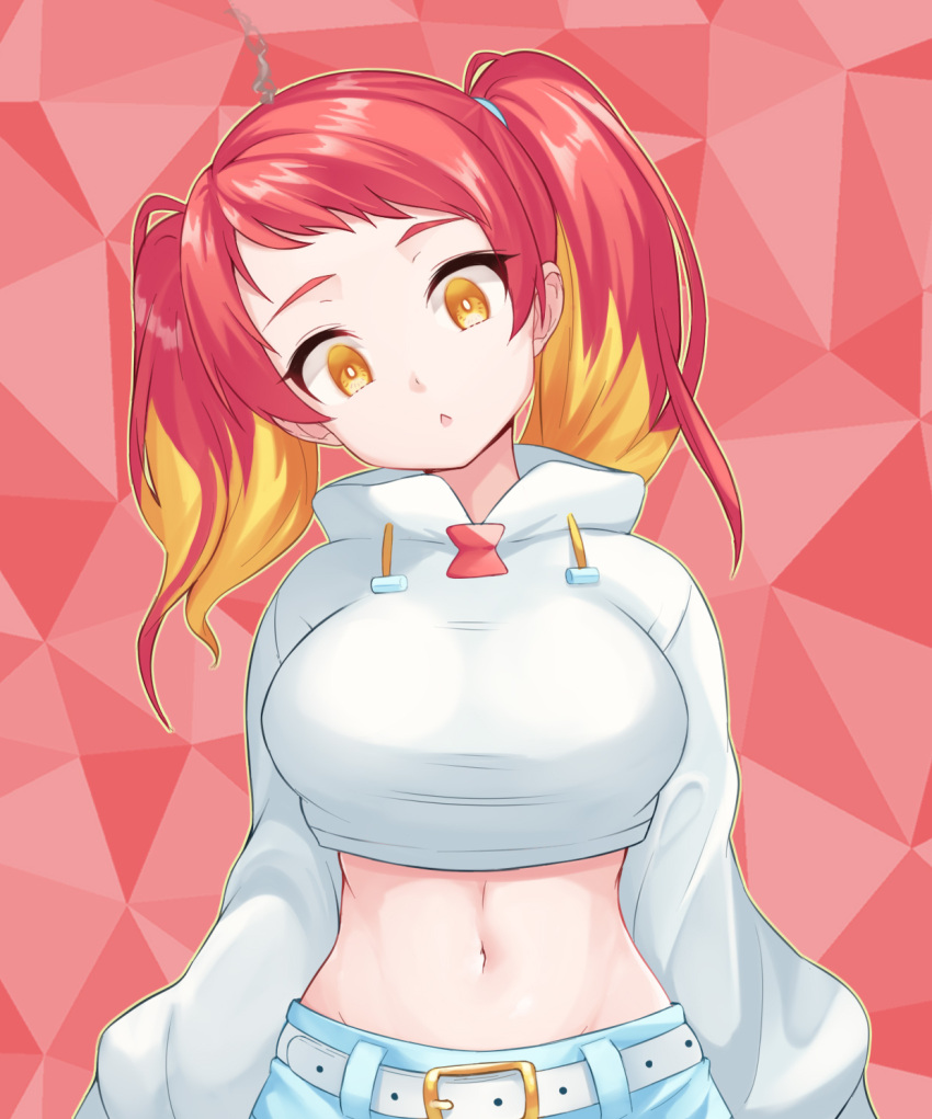 1girl, :o, bangs, belt, blonde_hair, breasts, brown_eyes, cropped_hoodie