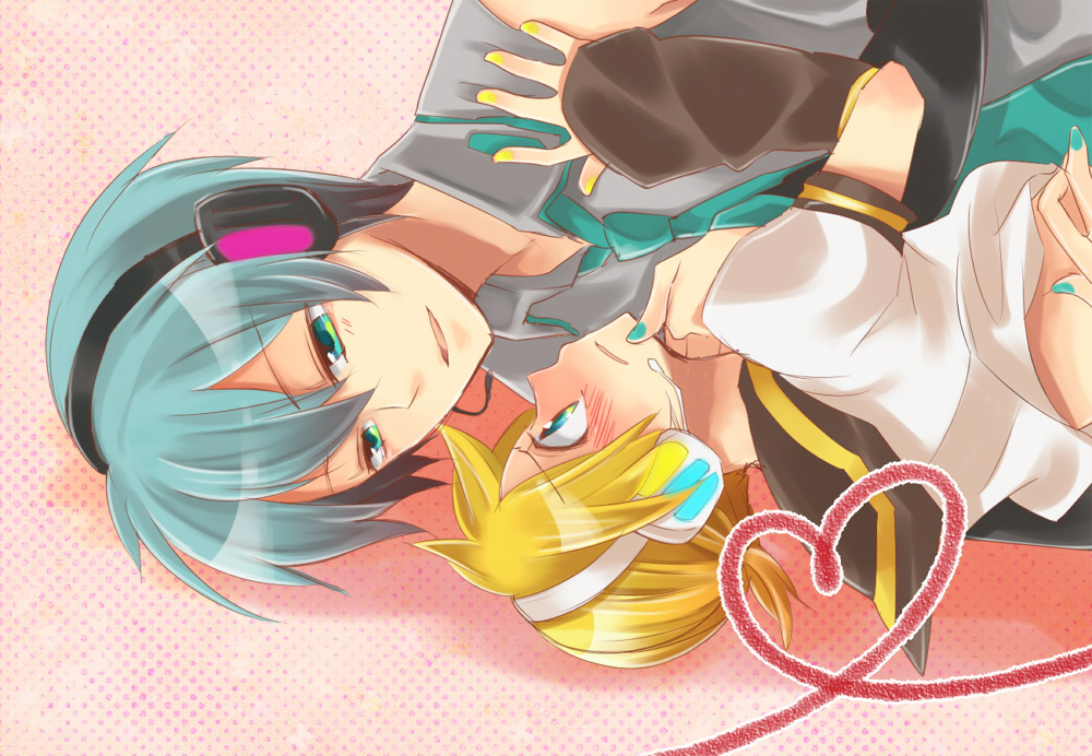 aqua_eyes, aqua_hair, bad_id, blonde_hair, blush, detached_sleeves, genderswap, hatsune_mikuo, headphones, headset, heart, kagamine_len, male, multiple_boys, nail_polish, necktie, school_uniform, serafuku, smile, vocaloid, yaoi, yokutaso