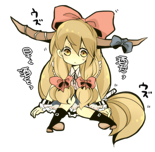 blonde_hair, bow, chibi, horns, ibuki_suika, lowres, picohebi, touhou