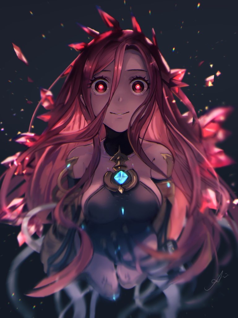 1girl, bare_shoulders, commentary, crown, dark, empty_eyes, forehead, gem