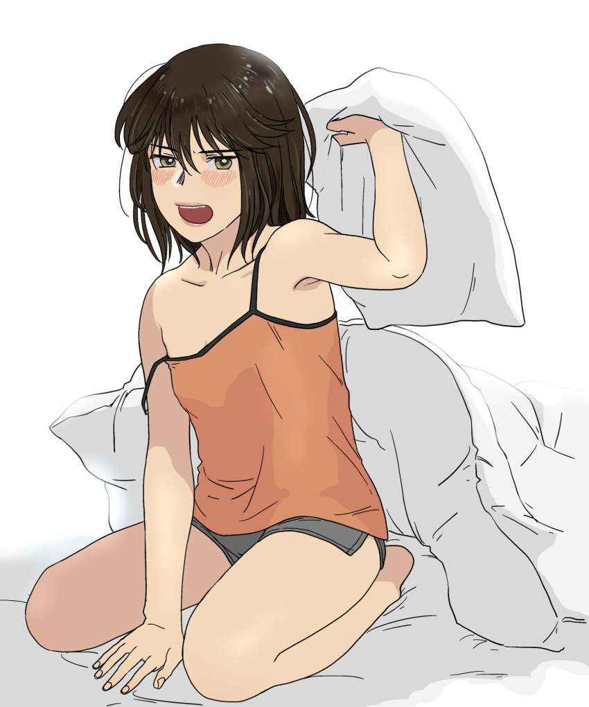 1girl, black_hair, brown_eyes, camisole, full_body, grey_shorts, highres, holding