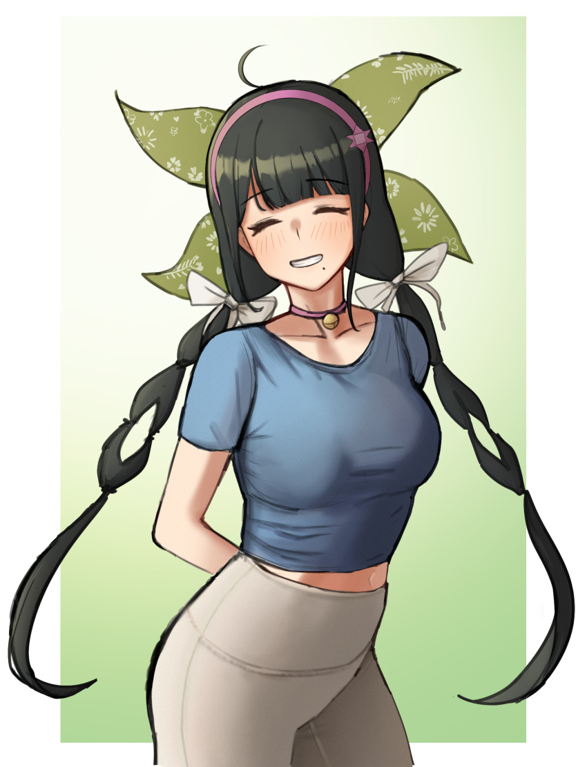 1girl, absurdres, ahoge, alternate_costume, arms_behind_back, bangs, black_hair, blunt_bangs