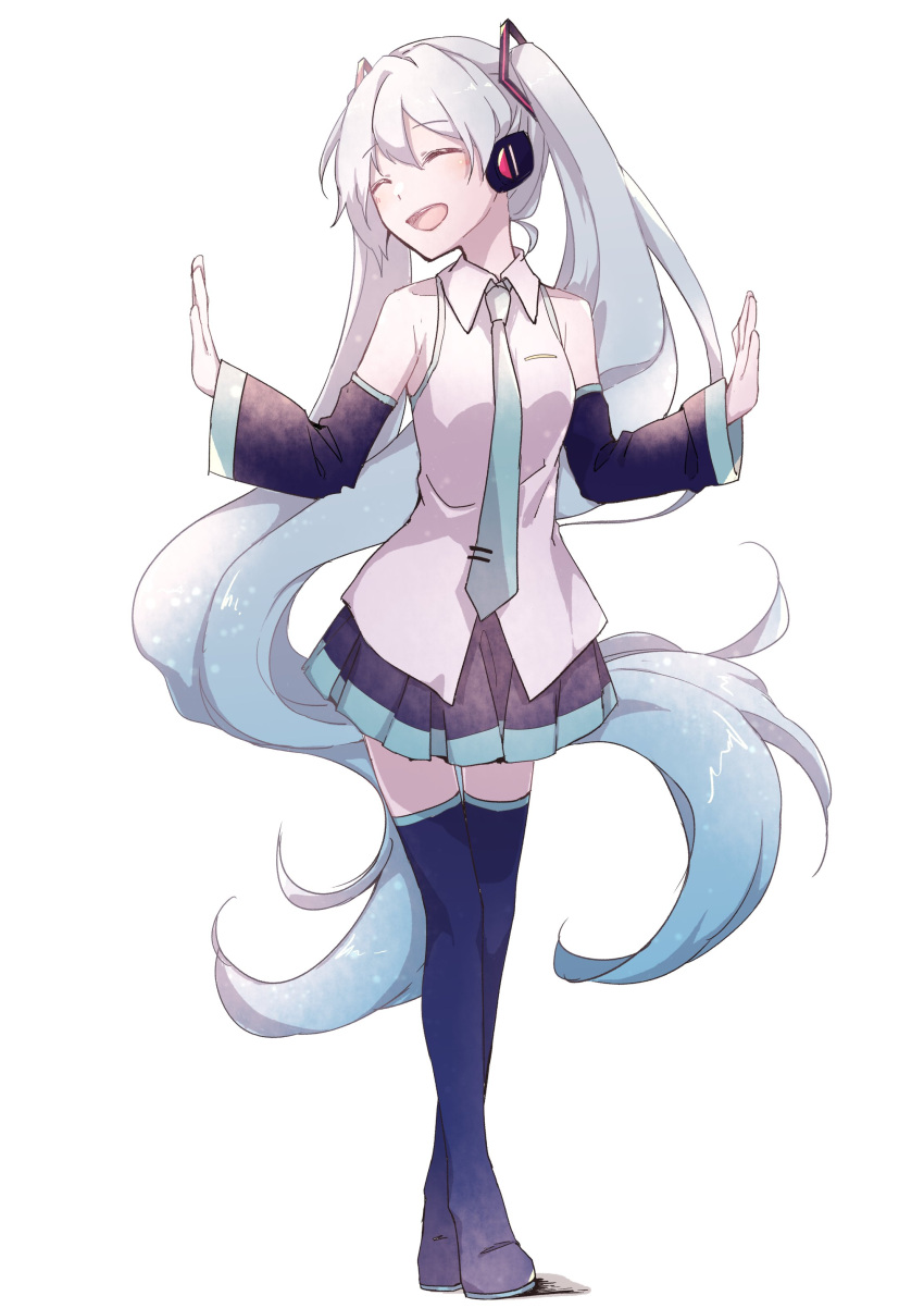 1girl, absurdres, aqua_hair, aqua_neckwear, bare_shoulders, black_skirt, black_sleeves, blue_legwear