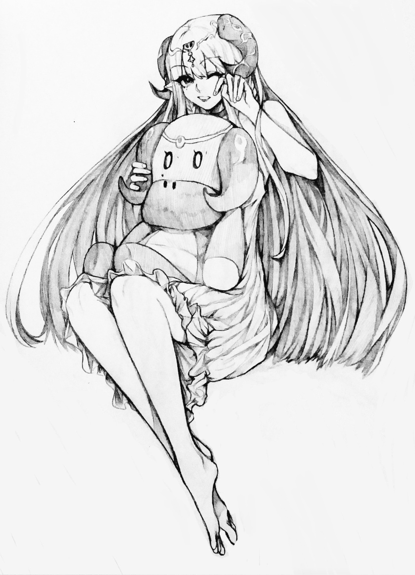 1girl, absurdres, alternate_costume, bangs, barefoot, chinese_commentary, ciyana, dongche, dress, eyebrows_visible_through_hair, finger_to_eye, graphite_(medium), greyscale, highres, holding, holding_stuffed_toy, horns, indie_virtual_youtuber, long_hair, monochrome, one_eye_closed, sitting, solo, stuffed_toy, traditional_media, very_long_hair, virtual_youtuber