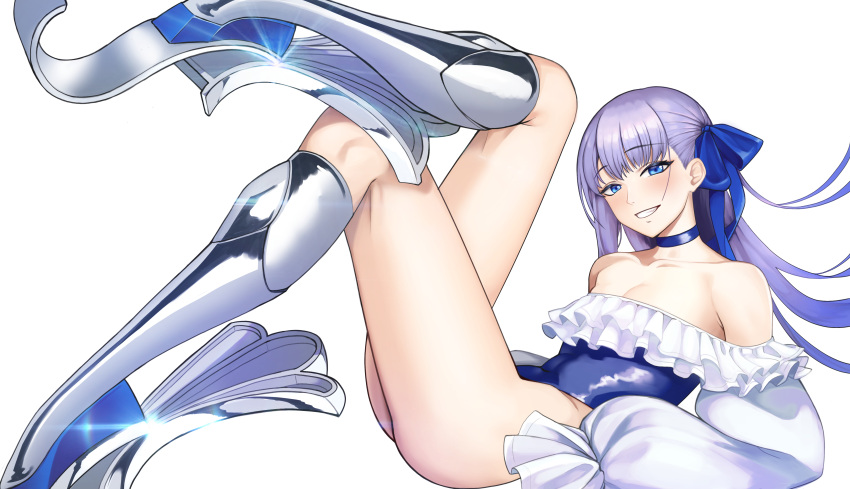 1girl, absurdres, bangs, bare_shoulders, blue_eyes, blue_ribbon, blush, breasts, choker, collarbone, fate/grand_order, fate_(series), frills, greaves, grin, hair_ribbon, highleg, highleg_swimsuit, highres, jihooday, legs, long_hair, long_sleeves, looking_at_viewer, meltryllis_(fate), meltryllis_(swimsuit_lancer)_(fate), off-shoulder_swimsuit, off_shoulder, one-piece_swimsuit, prosthesis, prosthetic_leg, puffy_sleeves, purple_hair, ribbon, sleeves_past_fingers, sleeves_past_wrists, small_breasts, smile, swimsuit, very_long_hair