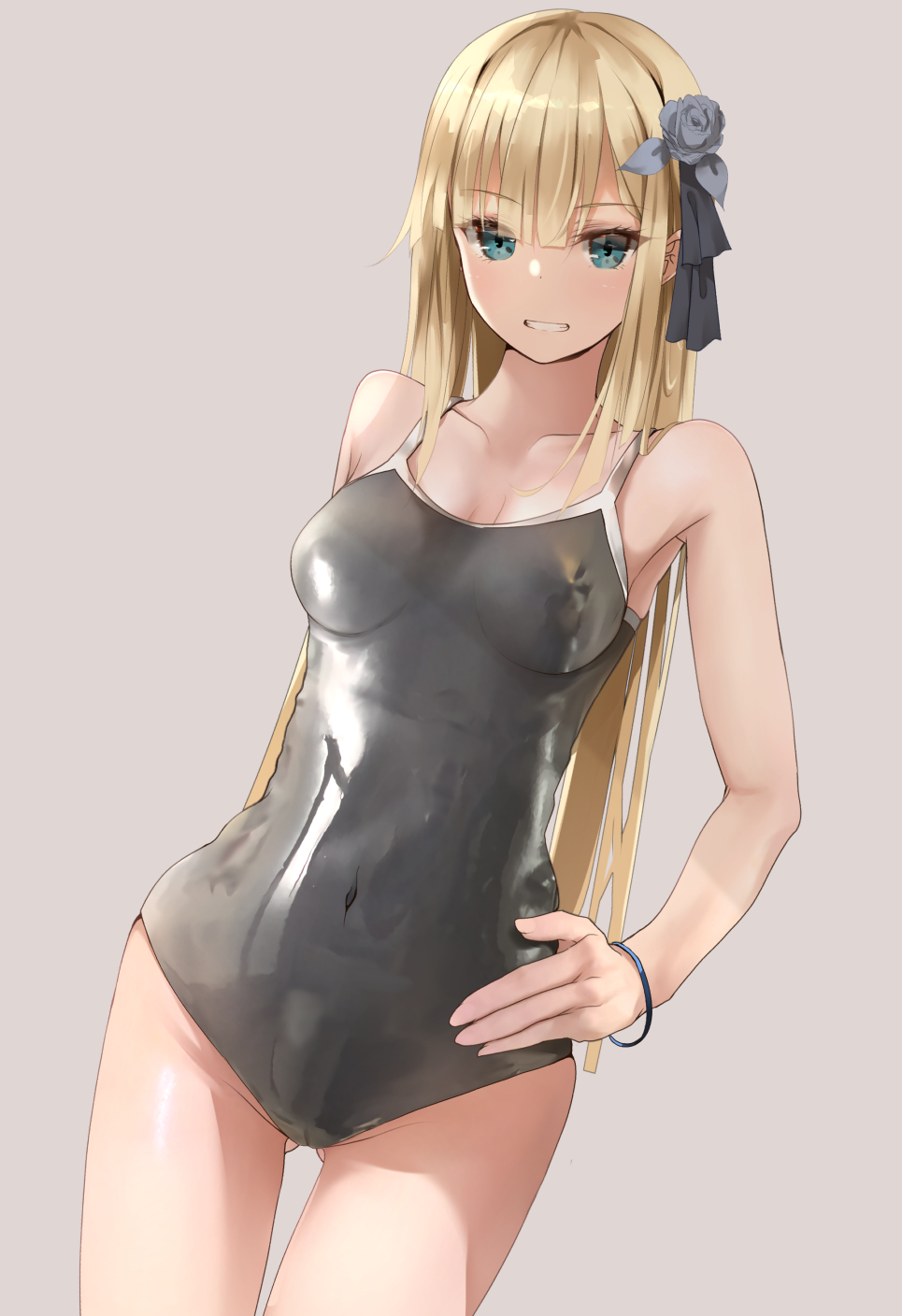 1girl, aqua_eyes, bangs, bare_shoulders, black_swimsuit, blonde_hair, blush, breasts