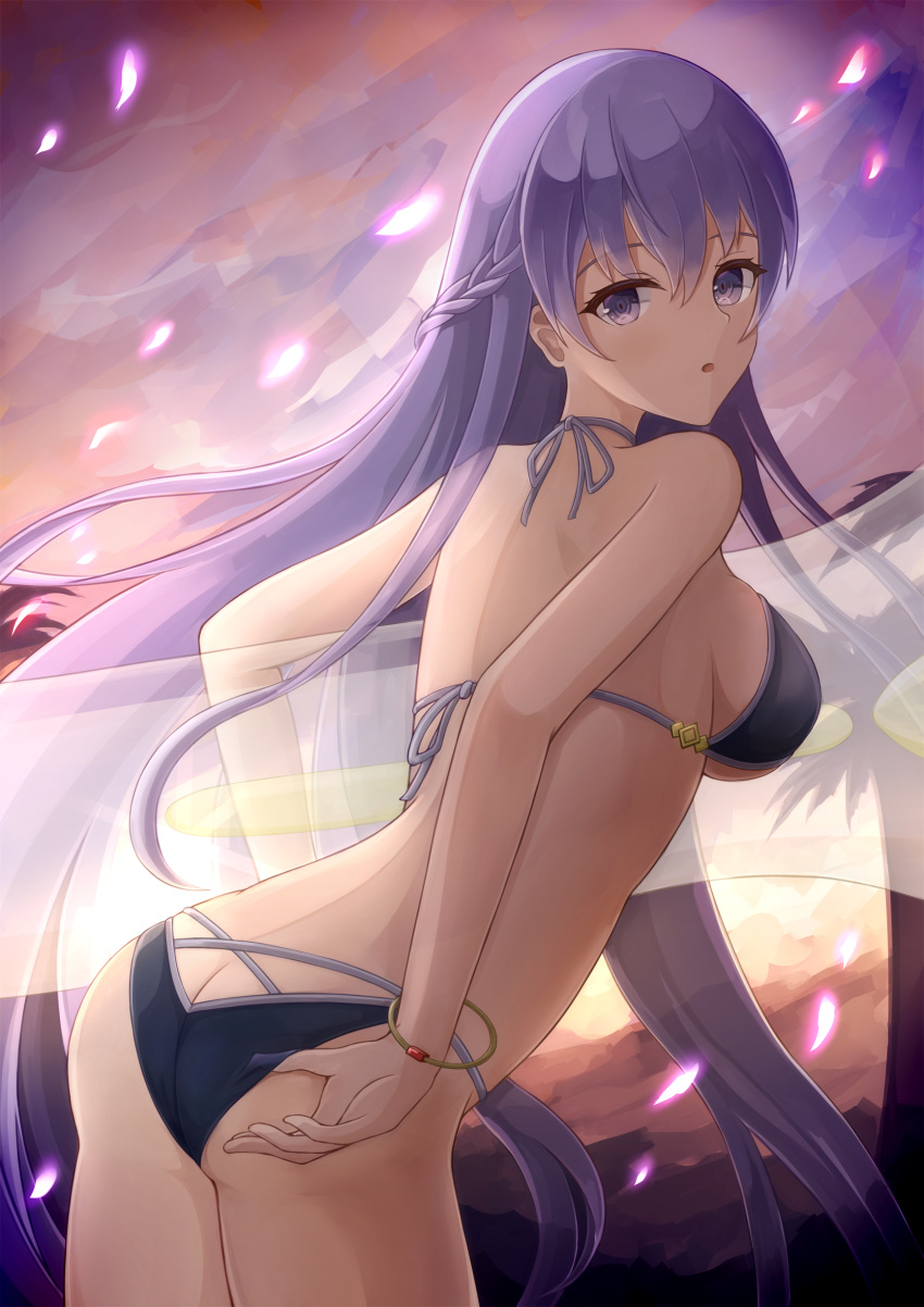 1girl, absurdly_long_hair, absurdres, adjusting_clothes, adjusting_panties, adjusting_swimsuit, ass, back, bangs, bikini, black_bikini, bracelet, braid, breasts, commission, commissioner_upload, dated, eyebrows_visible_through_hair, fire_emblem, fire_emblem:_the_binding_blade, french_braid, highres, jewelry, large_breasts, long_hair, open_mouth, panties, purple_hair, ryuusaki_rei, sideboob, solo, sophia_(fire_emblem), swimsuit, under_boob, underwear, very_long_hair, violet_eyes