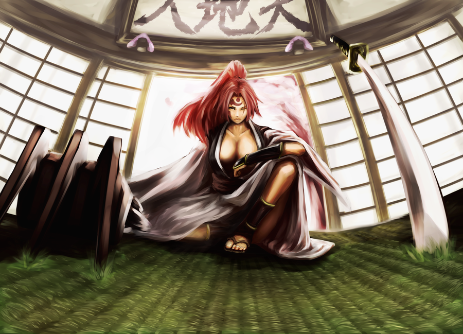 breasts, cleavage, guilty_gear, japanese_clothes, katana, kimono, one-eyed, open_kimono