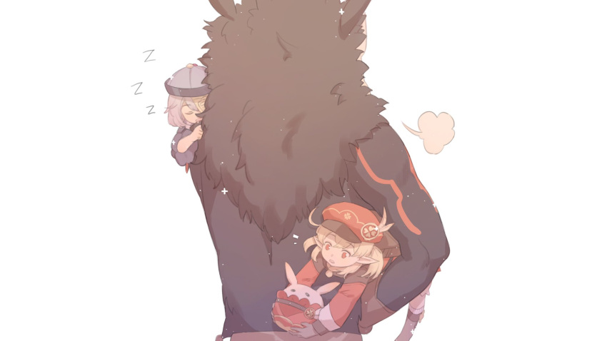 1other, 2girls, ahoge, bell_sleeves, black_fur, black_skin, blonde_hair, brown_footwear