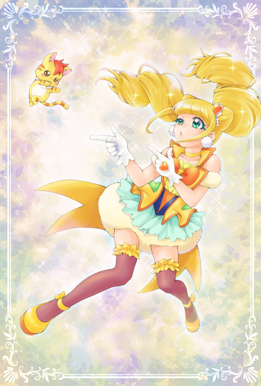 1girl, abstract_background, aizen_(syoshiyuki), aqua_skirt, blonde_hair, bow, brooch, brown_eyes