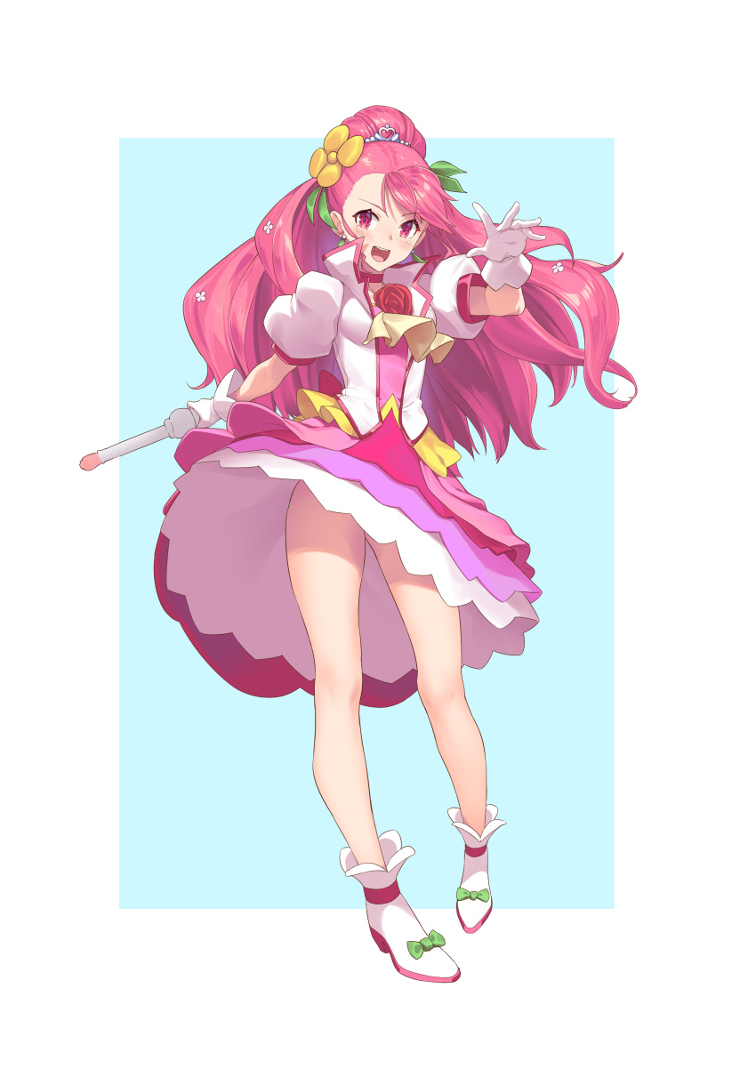 1girl, :d, absurdres, bare_legs, blue_background, bow, cure_grace, dress, flower, full_body, gloves, green_bow, hair_bun, hair_flower, hair_ornament, hanadera_nodoka, healin'_good_precure, heart, heart_hair_ornament, highres, holding, holding_wand, huai_diao_de_zongzi, layered_dress, long_hair, looking_at_viewer, magical_girl, open_mouth, pink_eyes, pink_hair, precure, puffy_sleeves, shoe_bow, shoes, simple_background, smile, solo, standing, wand, white_background, white_footwear, white_gloves