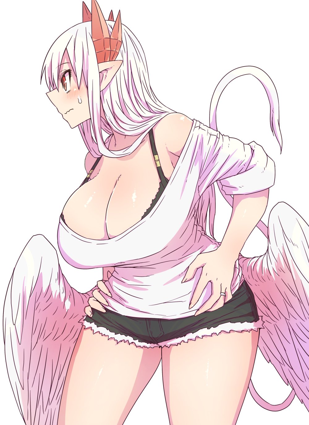 1girl, black_bra, blush, bra, bra_strap, breasts, demon_horns, denim, denim_shorts, feathered_wings, from_side, hand_on_hip, highres, horns, huge_breasts, jewelry, juugoya_(zyugoya), lorem_(mazohaha), musuko_ga_kawaikute_shikatanai_mazoku_no_hahaoya, pointy_ears, red_eyes, red_horns, ring, short_shorts, shorts, sweatdrop, tail, thighs, underwear, wedding_ring, white_background, white_hair, white_tail, white_wings, wings