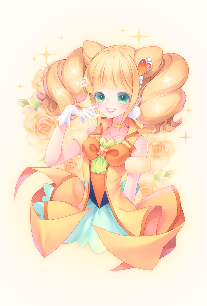 1girl, aoi_itou, aqua_skirt, blonde_hair, bow, brooch, choker, cropped_torso