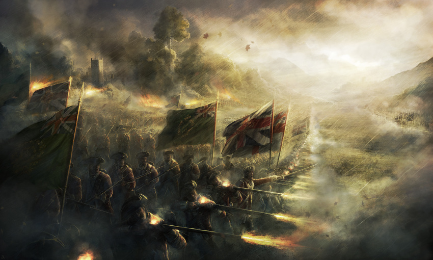 bayonet, empire:_total_war, england, epic, fire, firing, flag, group_battle, gun, hat, leaf, musket, rado_javor, rain, rifle, sword, tree, tricorne, united_kingdom, war, weapon