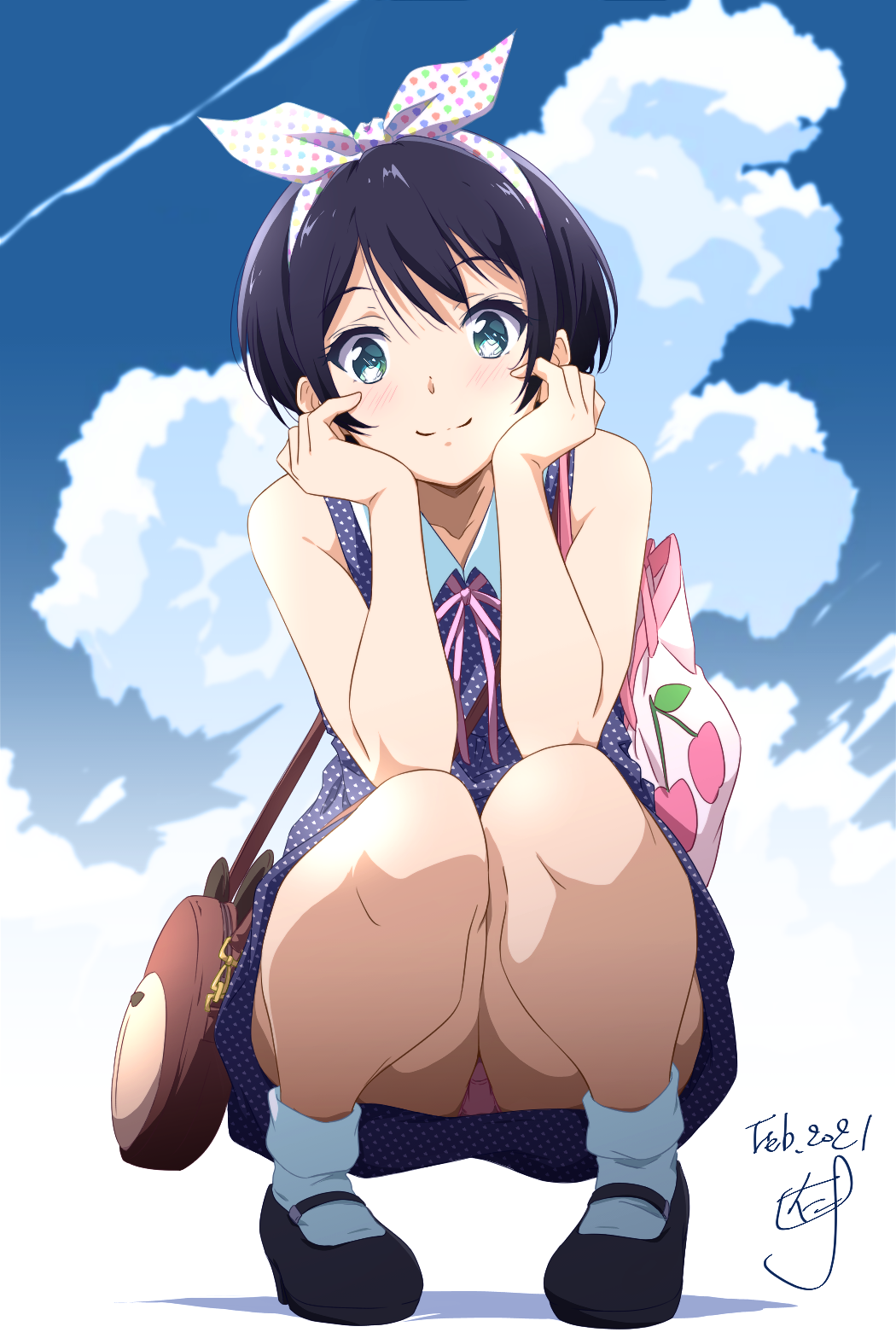 1girl, aqua_eyes, bag, bangs, bare_arms, bare_legs, bare_shoulders, black_hair, blue_dress, blue_sky, blush, casual, closed_mouth, clouds, condensation_trail, dated, day, dress, full_body, hair_ribbon, hairband, handbag, hands_on_own_cheeks, hands_on_own_face, hands_up, highres, kanojo_okarishimasu, looking_at_viewer, mary_janes, neck_ribbon, nii_manabu, outdoors, panties, pantyhose, pink_neckwear, pink_panties, pink_ribbon, polka_dot, polka_dot_dress, polka_dot_hairband, polka_dot_ribbon, ribbon, sarashina_ruka, shoes, shoulder_bag, signature, sky, sleeveless, sleeveless_dress, smile, socks, solo, squatting, underwear, upskirt, white_hairband, white_legwear, white_ribbon