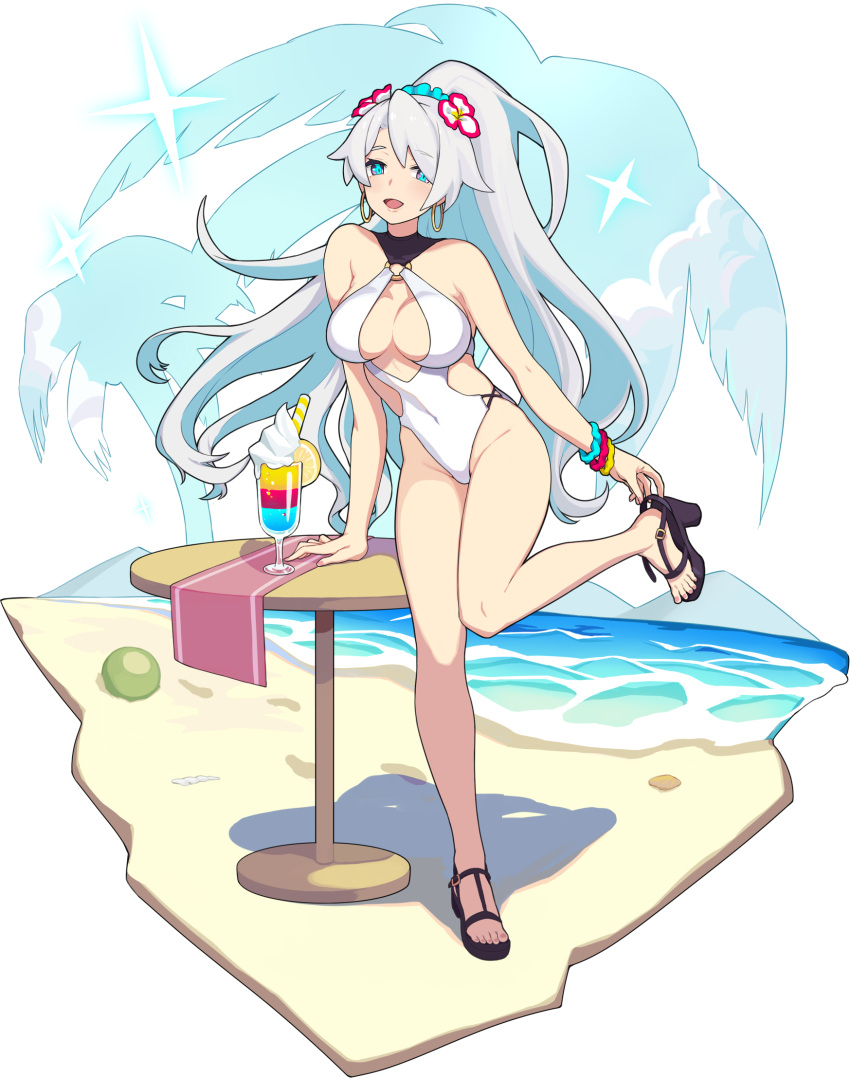 1girl, bangs, beach, bercetia_(world_flipper), black_footwear, blue_eyes, breasts, center_opening