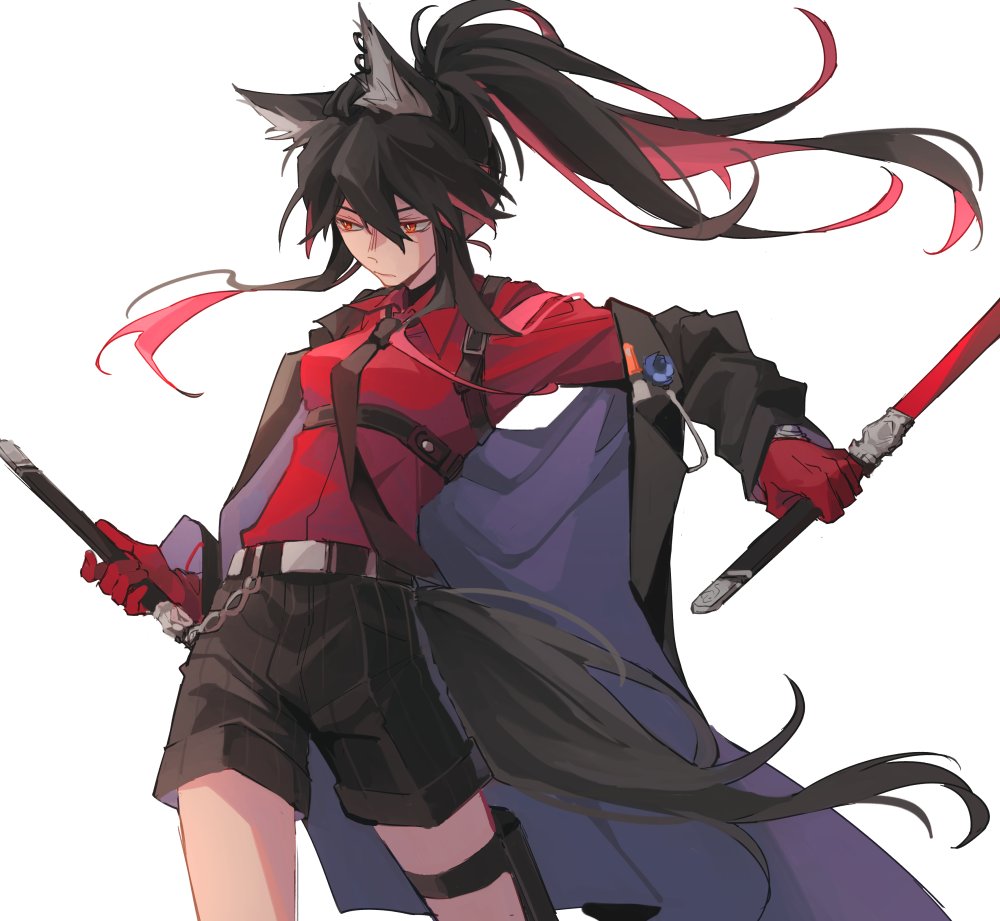 1girl, animal_ears, arknights, belt, black_hair, black_jacket, black_neckwear, black_shorts