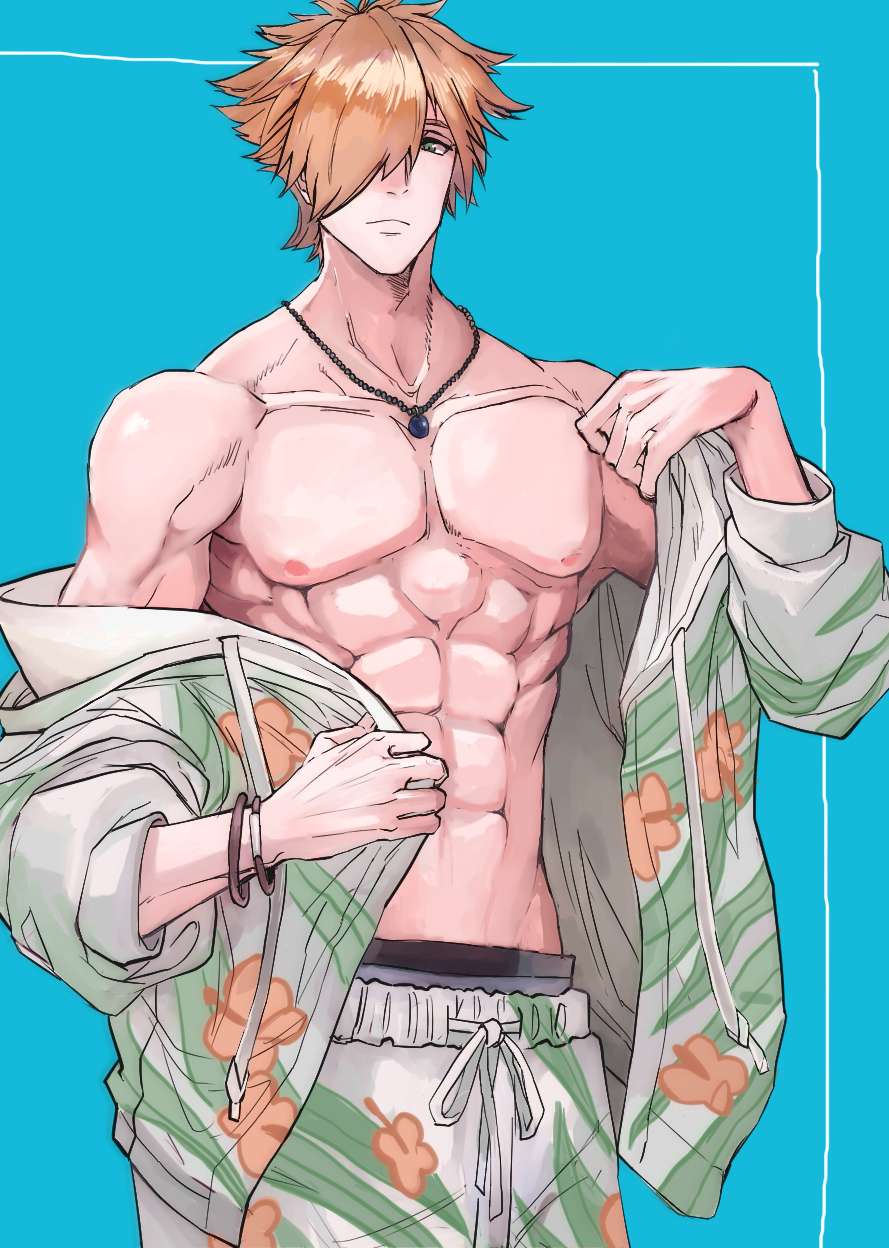 1boy, abs, bangs, black_male_swimwear, cowboy_shot, fate/grand_order, fate_(series), hair_over_one_eye