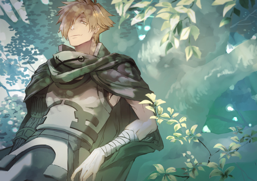 1boy, bangs, cloak, cowboy_shot, fate/grand_order, fate_(series), forest, green_cloak