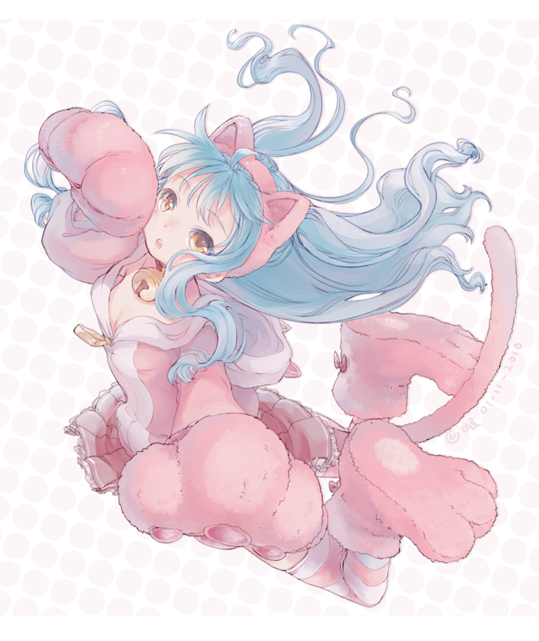 1girl, alternate_costume, animal_ears, animal_hood, bell, blue_hair, cat_ears, cat_tail, dated, eevee-moon, eiyuu_densetsu, fake_animal_ears, full_body, gloves, hood, hoodie, jingle_bell, long_hair, looking_at_viewer, paw_gloves, paw_shoes, paws, pink_footwear, pink_gloves, pink_skirt, polka_dot, polka_dot_background, shoes, sidelocks, signature, skirt, solo, striped, striped_legwear, tail, thigh-highs, tio_plato, yellow_eyes, zero_no_kiseki