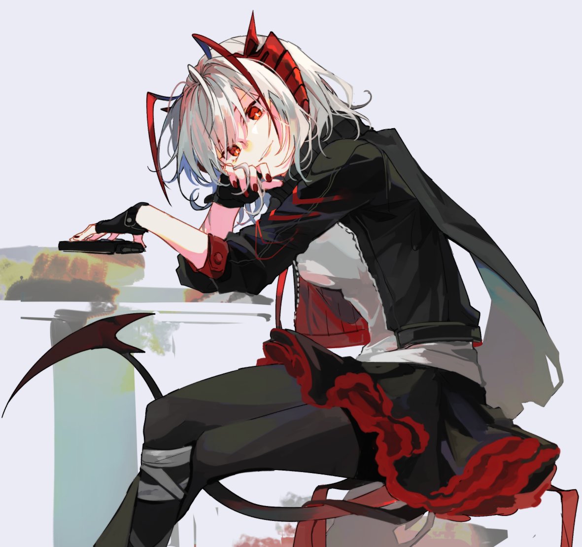 1girl, ahoge, antenna_hair, arknights, black_gloves, black_jacket, black_legwear, black_nails