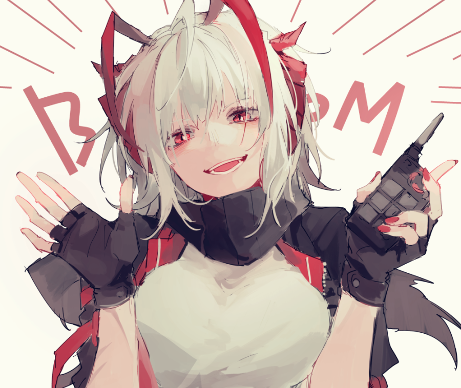 1girl, ahoge, antenna_hair, arknights, black_gloves, black_jacket, black_scarf, breasts, commentary, controller, demon_horns, detonator, emphasis_lines, english_text, erhuo, fingerless_gloves, gloves, grey_background, grey_shirt, head_tilt, holding_remote_control, horns, jacket, looking_at_viewer, medium_breasts, multicolored_hair, nail_polish, open_clothes, open_jacket, open_mouth, red_eyes, red_nails, redhead, remote_control, scarf, shirt, short_hair, silver_hair, simple_background, smile, solo, streaked_hair, two-tone_hair, upper_body, w_(arknights)