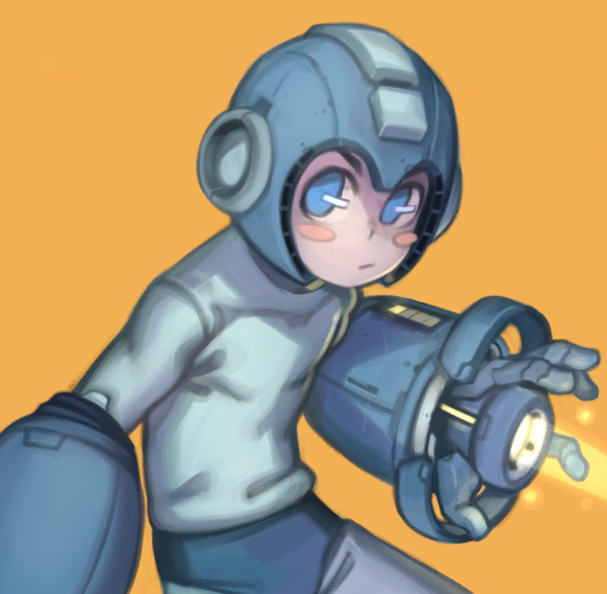 1boy, android, arm_cannon, beam_cannon, blue_bodysuit, blue_eyes, blush_stickers, bodysuit