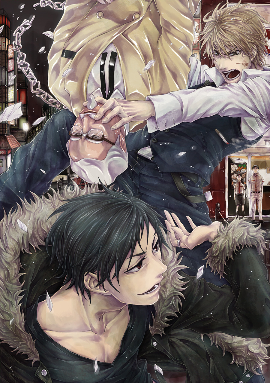 azuma_yuuhi, black_hair, blonde_hair, brown_eyes, cigarette, coat, colonel_sanders, durarara!!