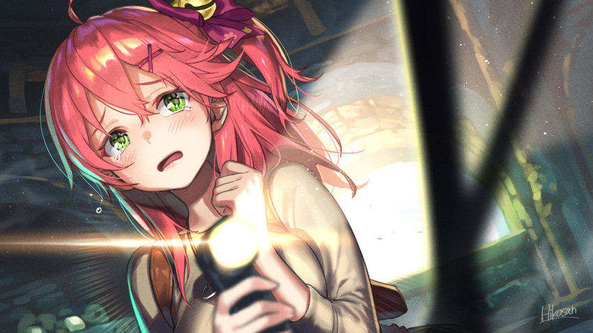 1girl, ahoge, artist_name, asymmetrical_hair, bell, blurry, blurry_foreground, blush, bow, breasts, clenched_hand, commentary, cosplay, dutch_angle, eyebrows_visible_through_hair, flashlight, green_eyes, grey_shirt, hair_bell, hair_between_eyes, hair_bow, hair_ornament, hikosan, holding_flashlight, hololive, medium_breasts, medium_hair, nathan_drake, nathan_drake_(cosplay), open_mouth, pink_hair, purple_bow, rainbow, sakura_miko, shirt, side_ponytail, signature, solo, tareme, tearing_up, uncharted, upper_body, virtual_youtuber, x_hair_ornament