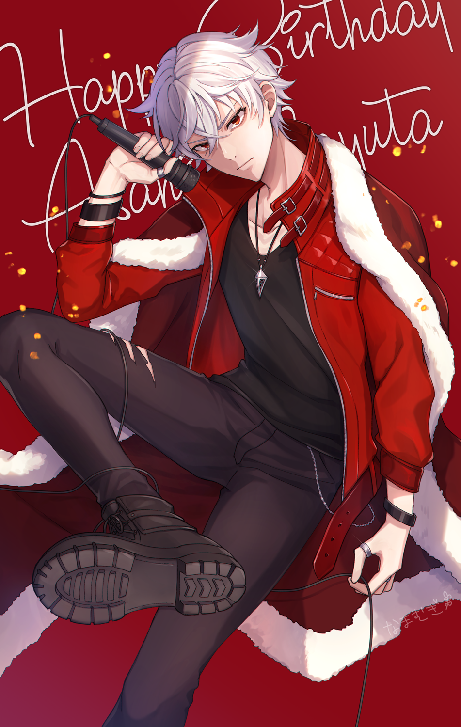 1boy, argonavis_from_bang_dream!, asahi_nayuta, background_text, bangs, black_footwear, black_pants, black_shirt