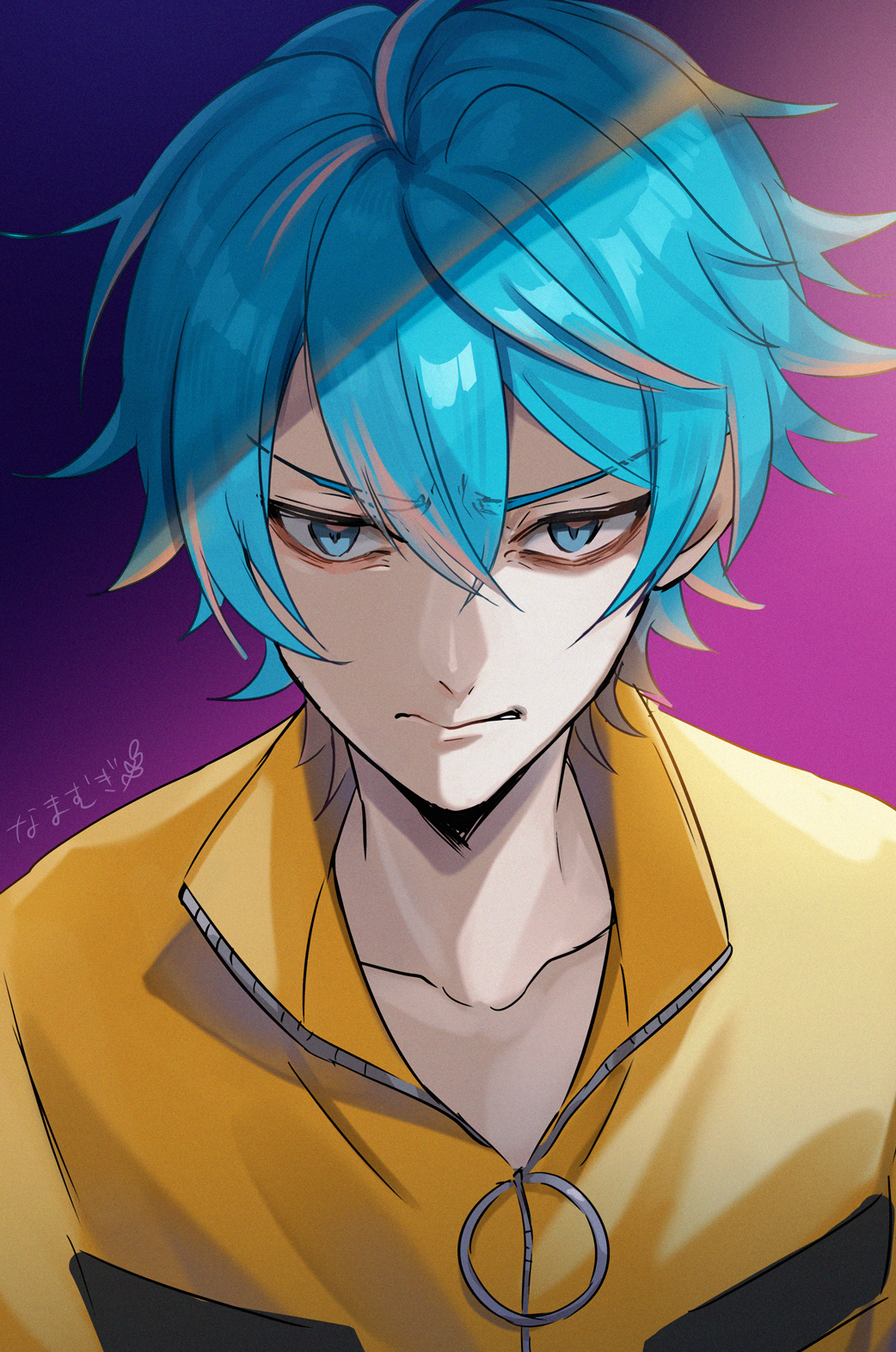 1boy, ahoge, argonavis_from_bang_dream!, bangs, blue_eyes, blue_hair, collarbone, eyebrows_visible_through_hair