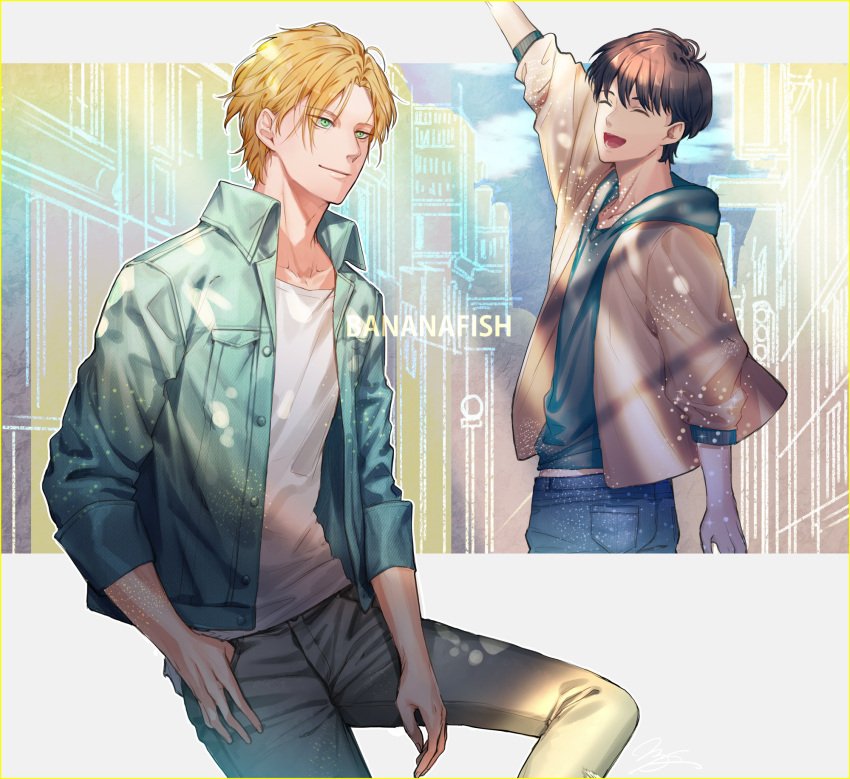 2boys, :d, ^_^, arm_at_side, ash_lynx, banana_fish, bangs, black_hair