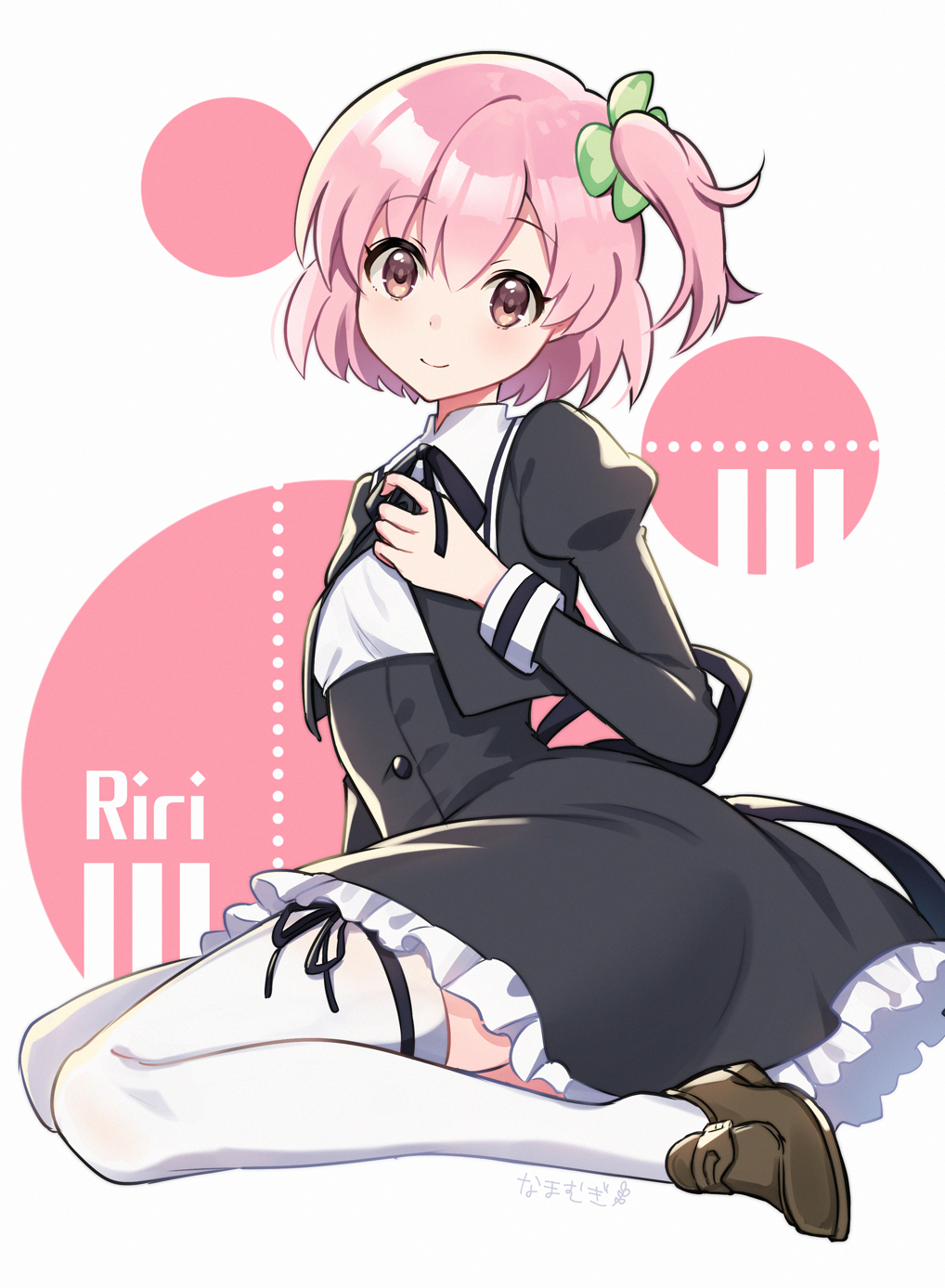 1girl, assault_lily, bangs, black_jacket, black_skirt, brown_eyes, brown_footwear, character_name